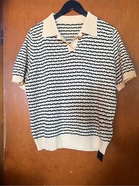 Knit Short-Sleeve Polo Top in Cream and Black